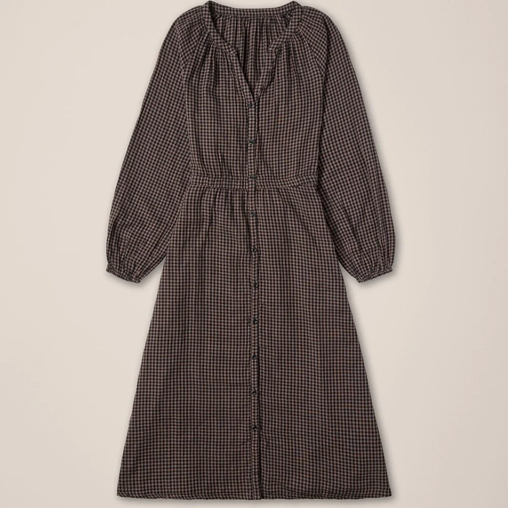 Pact Coastal Double Guaze Poet Sleeve Dress in Autumn Gingham - Picture 5 of 6